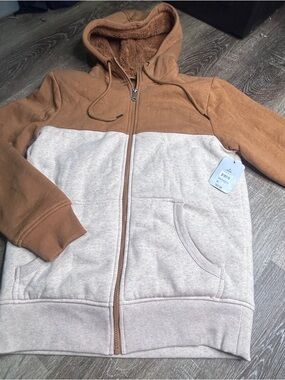 Sherpa Fleece Zip Hoodie Brown & Tan Two‑Tone Jacket | Cozy Plush Lined | Small